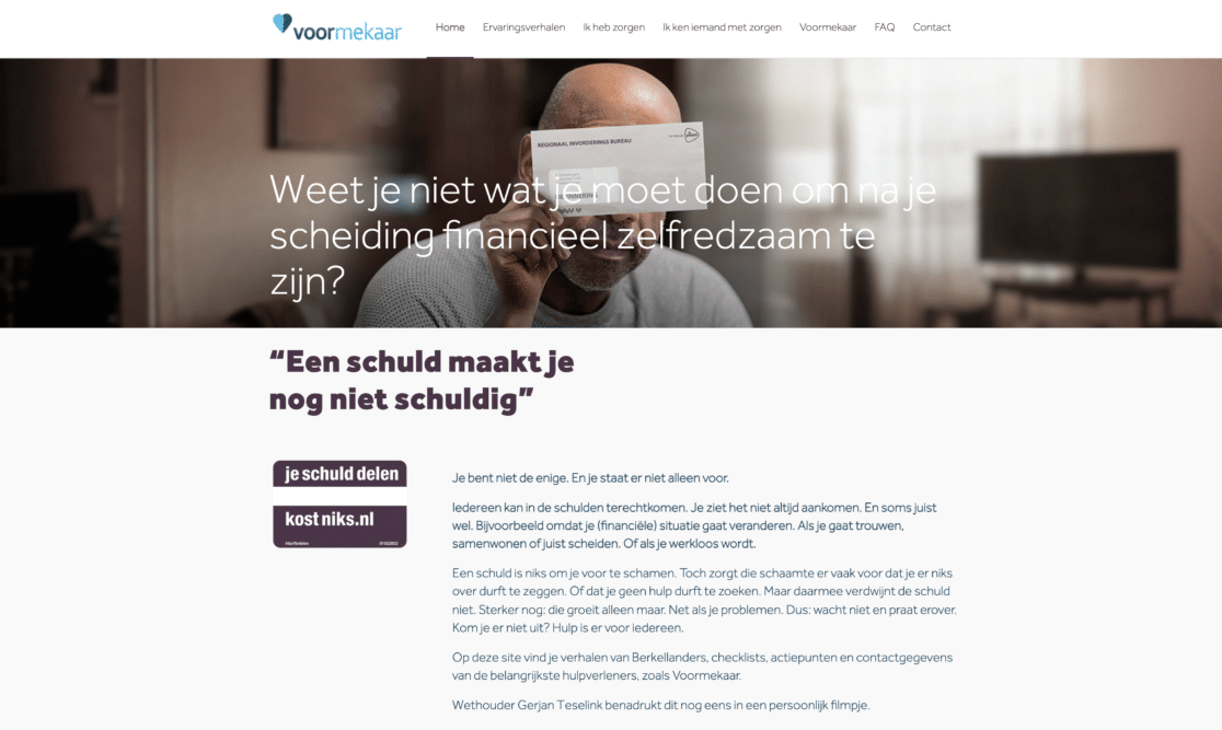 Afbeelding van de homepage van jeschulddelenkostniks.nl