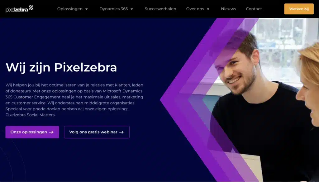 Screenshot van de homepage van Pixelzebra, één van de Axelio bedrijven