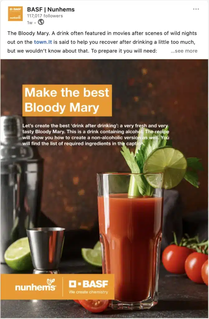 Afbeelding van een social post voor BASF Nunhems over een Bloody Mary recept
