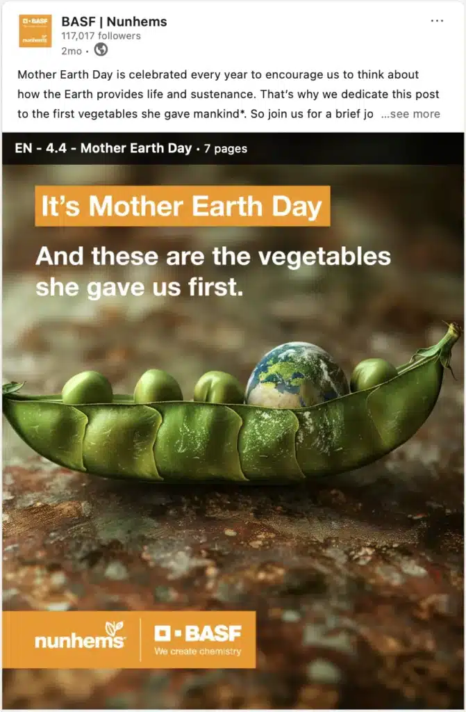 Afbeelding van een social post voor BASF Nunhems over de eerste groenten die op aarde groeiden.