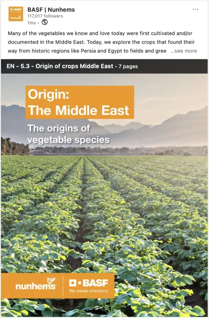 Afbeelding van een social post voor BASF Nunhems over groenten- en fruitsoorten die uit het Midden-oosten komen