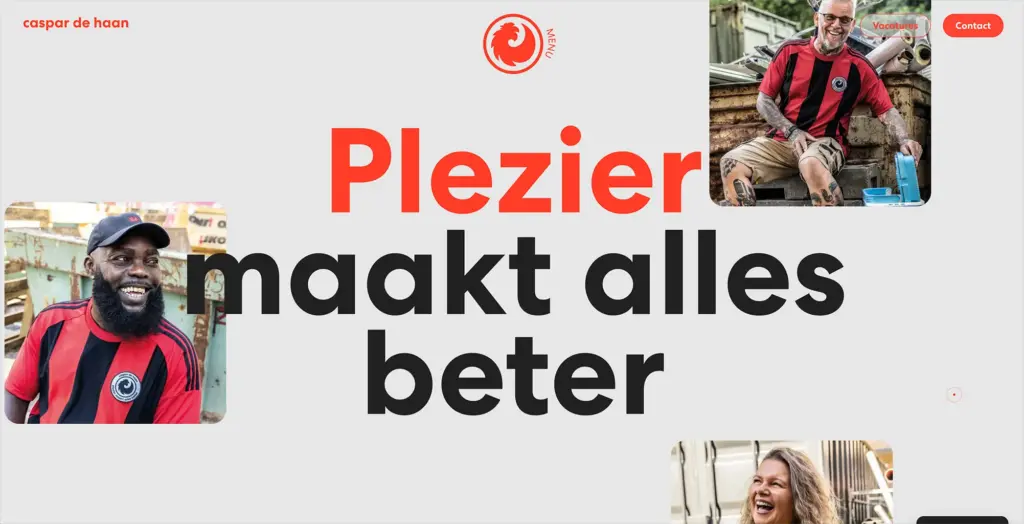 Homepage van Caspar de Haan, met hun payoff "plezier maakt alles beter"