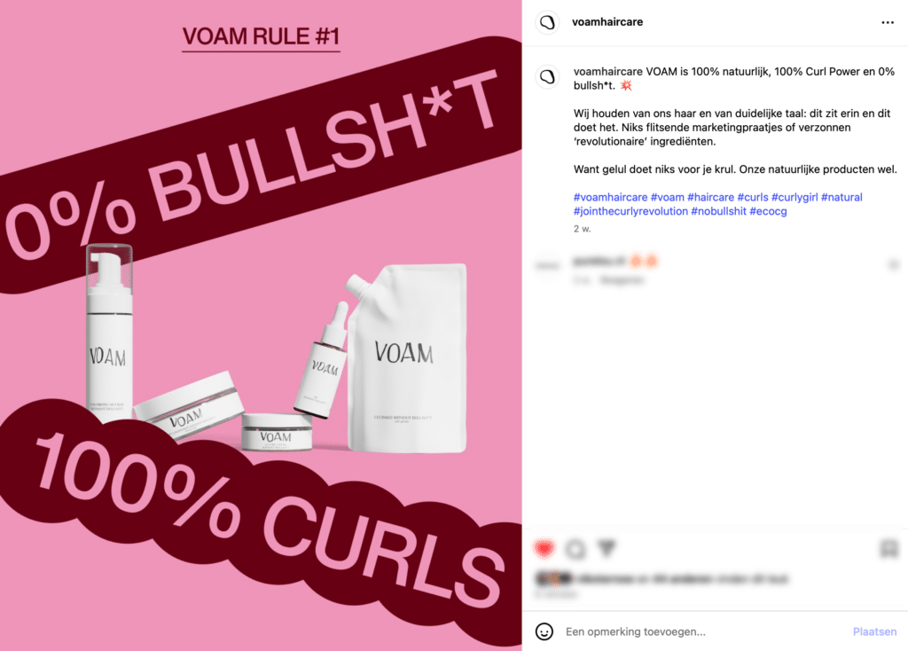 Social Post voor Shampoo merk Voam. Met het statement over merken met stoere kreten: 'gelul doet niks voor je krul'.