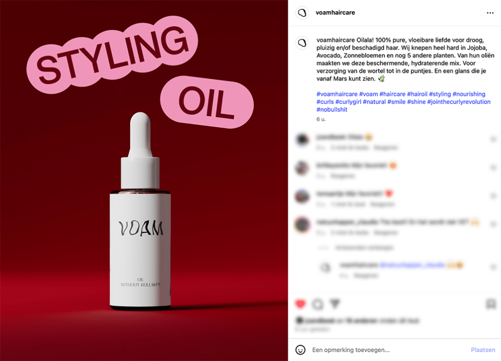 Social post voor shampoo merk Voam. Over zaden waar je olie uit kunt knijpen die je in je haar kunt smeren.